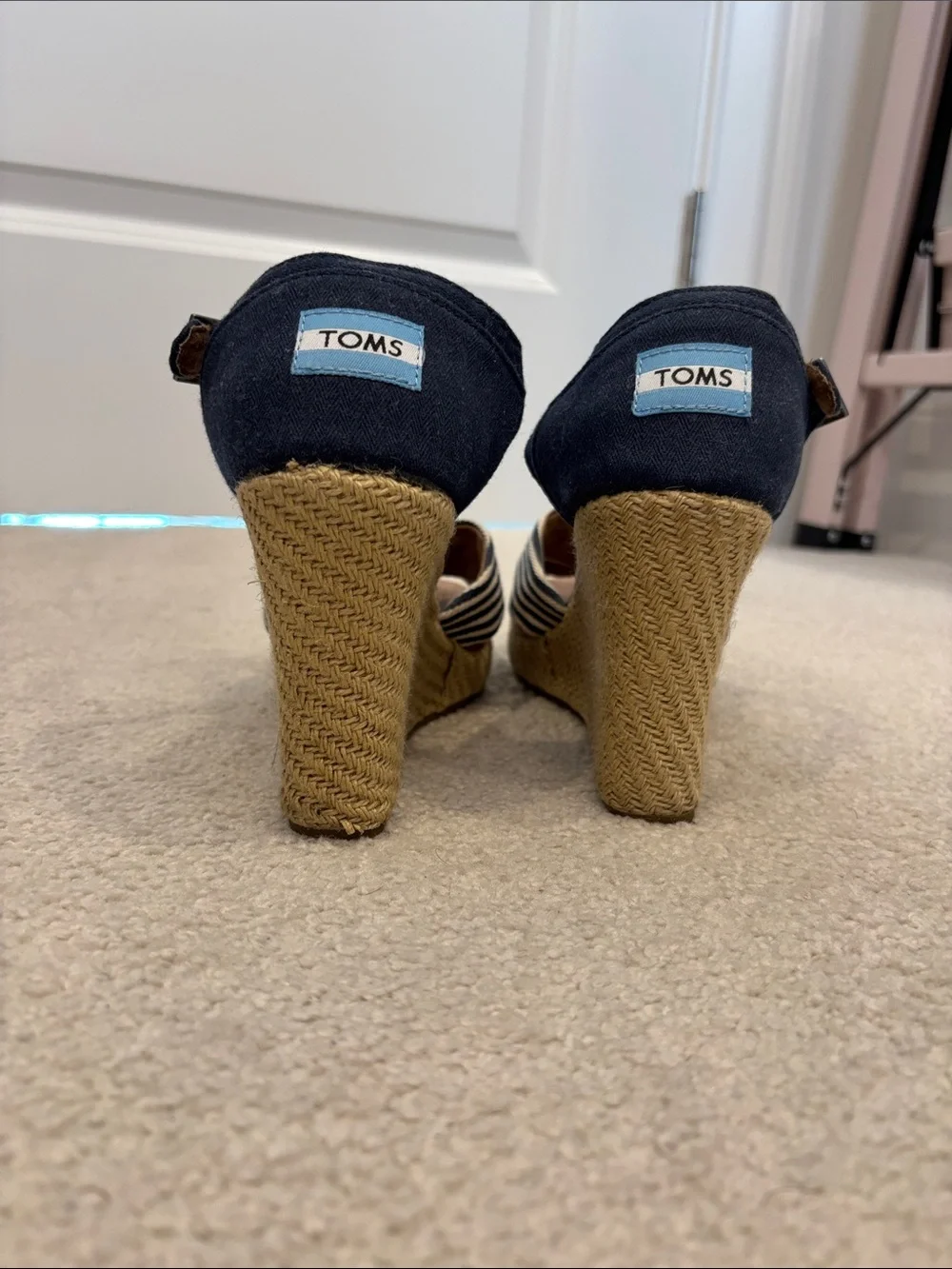 Toms Navy and White Striped Crisscross Wedge Sandals with Ankle Strap